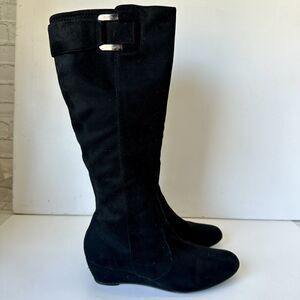 Impo Stretch Tall Black Boots Knee High Side Zip Gussy Wedge Faux Suede Size 8.5